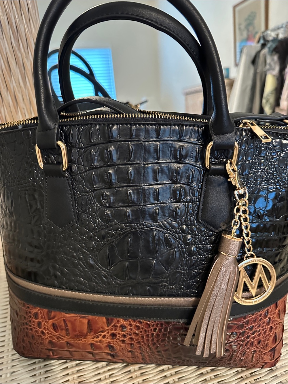 Croc-Embossed Black & Brown Satchel with Tassel Charm and wristlet wallet